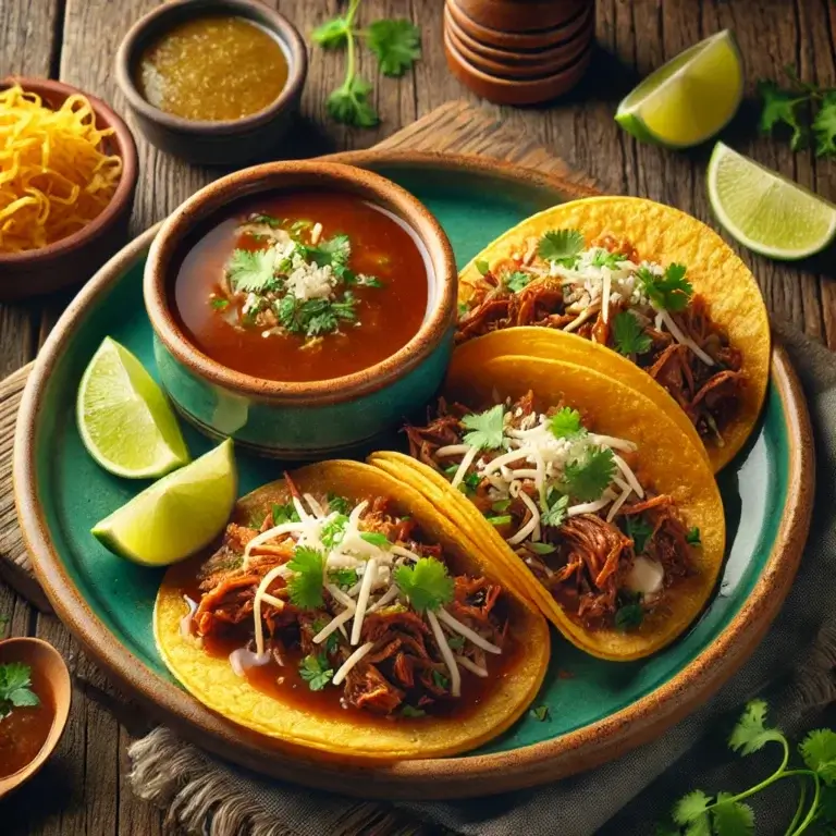 A vibrant plate of Birria Tacos featuring crispy, golden tortillas filled with tender shredded beef, melted cheese, and fresh cilantro
