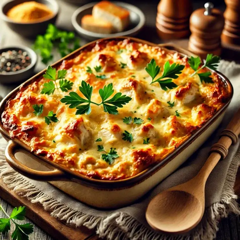 A creamy and indulgent chicken casserole served in a rustic ceramic baking dish