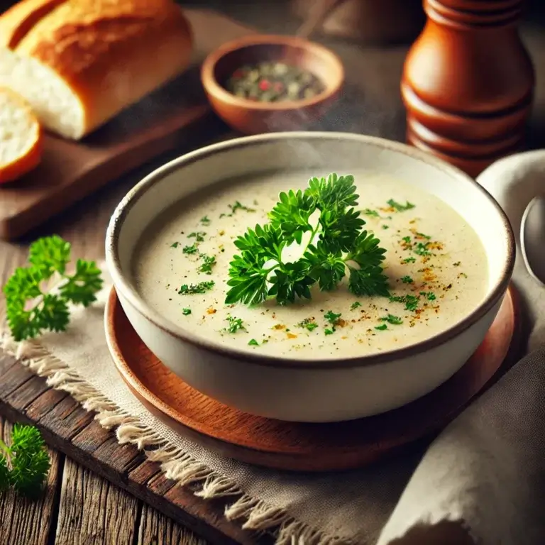 A warm and cozy bowl of creamy chicken soup, garnished with fresh parsley, served on a rustic wooden table with a side of crusty bread