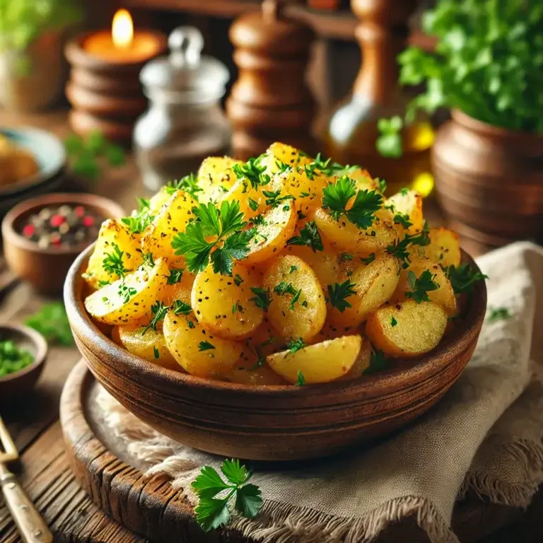 Crispy Potato Salad served in a rustic bowl, garnished with fresh herbs like parsley and chives, with creamy dressing
