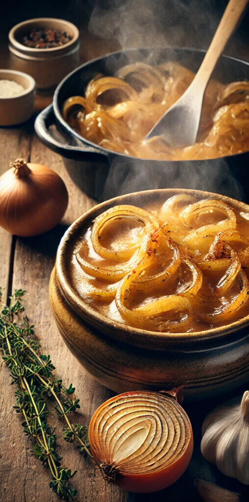 A pot of simmering French onion soup, showing caramelized onions in a rich broth being stirred during preparation.