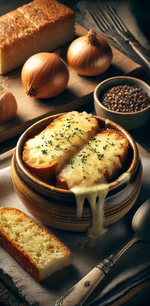 A rich and savory bowl of classic French onion soup, topped with melted golden cheese and crispy bread
