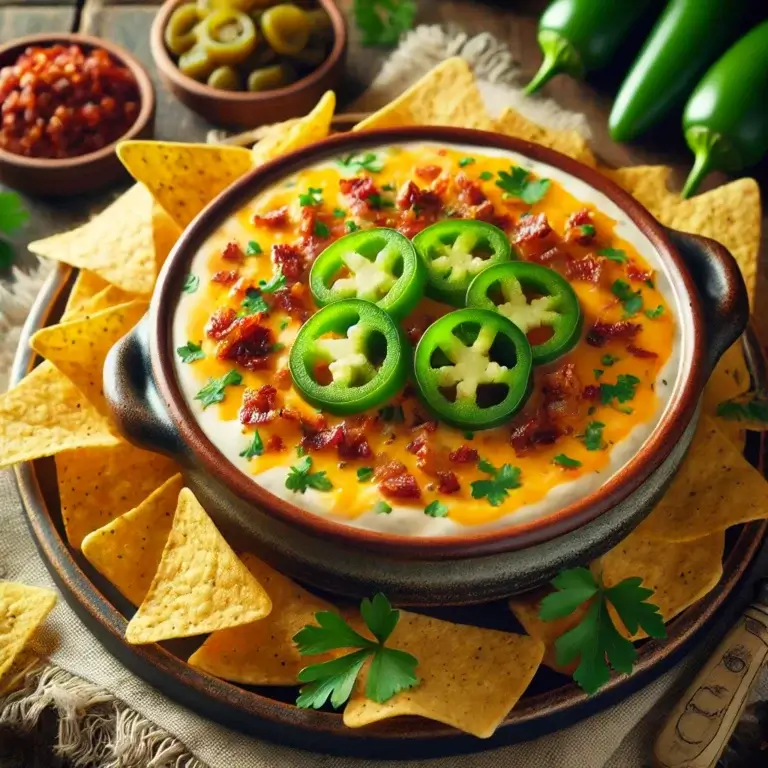 A vibrant and creamy hot cowgirl dip served in a rustic ceramic dish, topped with melted cheese, diced jalapeños, crispy bacon bits, and fresh parsley