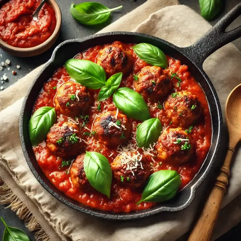 A rustic plate of meatballs in marinara sauce, garnished with fresh basil and grated Parmesan cheese.