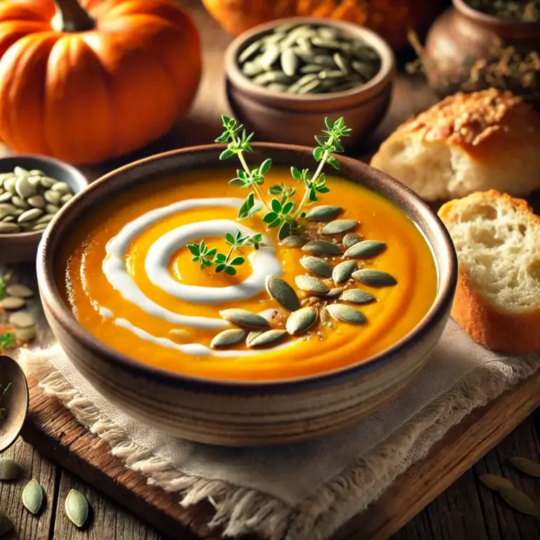 A cozy bowl of creamy pumpkin soup, garnished with a swirl of cream, roasted pumpkin seeds, and a sprinkle of fresh thyme