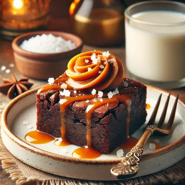 A decadent plate of salted caramel brownies, featuring rich chocolate brownies with a golden caramel swirl on top, garnished with flaky sea salt.
