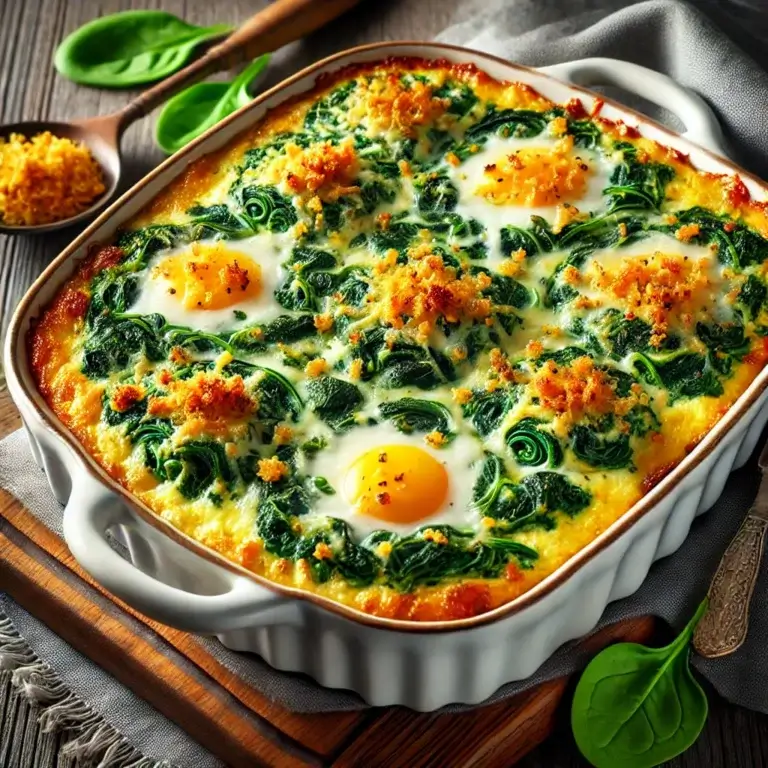 An elegant Spinach Florentine Breakfast Casserole with layers of spinach, eggs