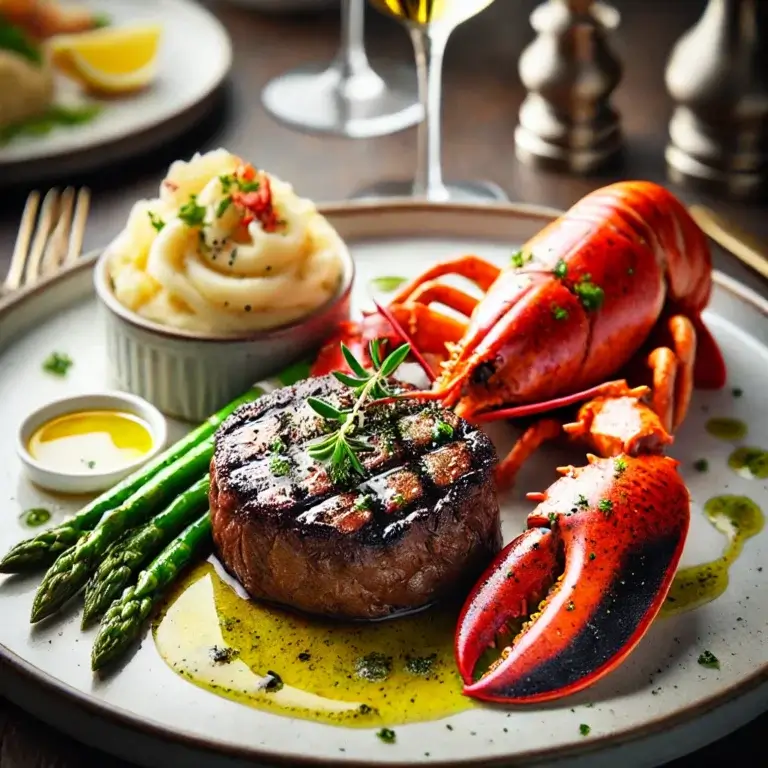 An elegantly plated dish of surf and turf featuring a perfectly grilled steak and a buttery lobster tail