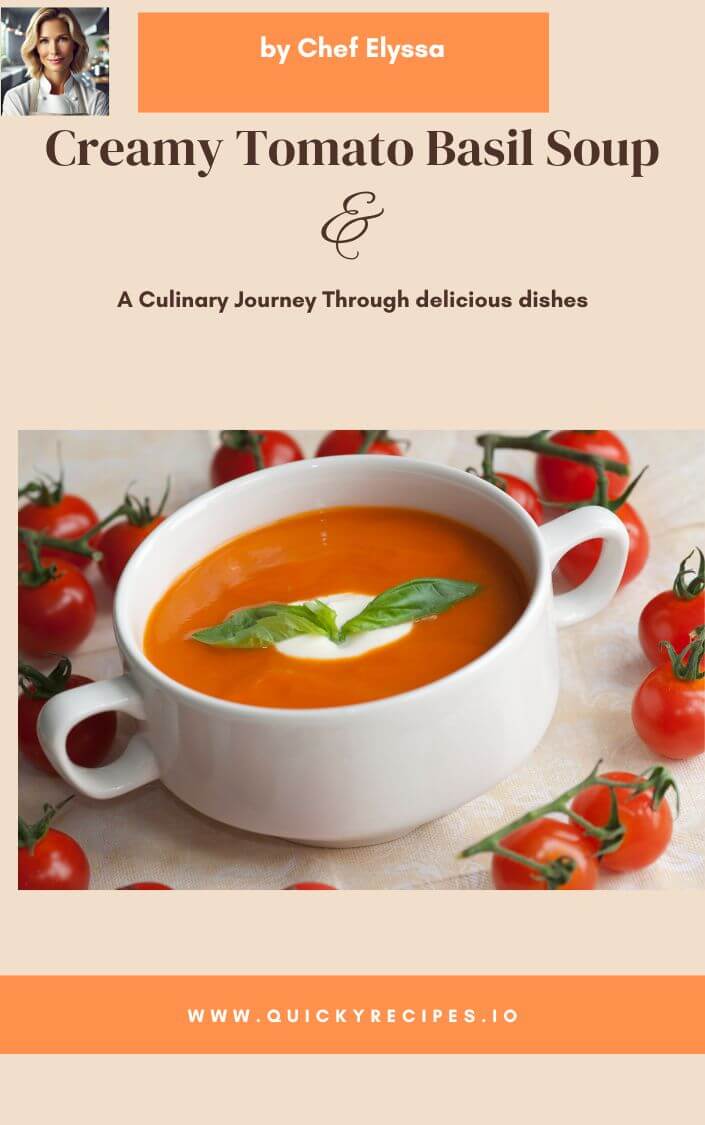 A pot of creamy tomato basil soup being stirred with a wooden spoon, surrounded by fresh basil leaves, ripe tomatoes, and slices of crusty bread on a rustic kitchen countertop