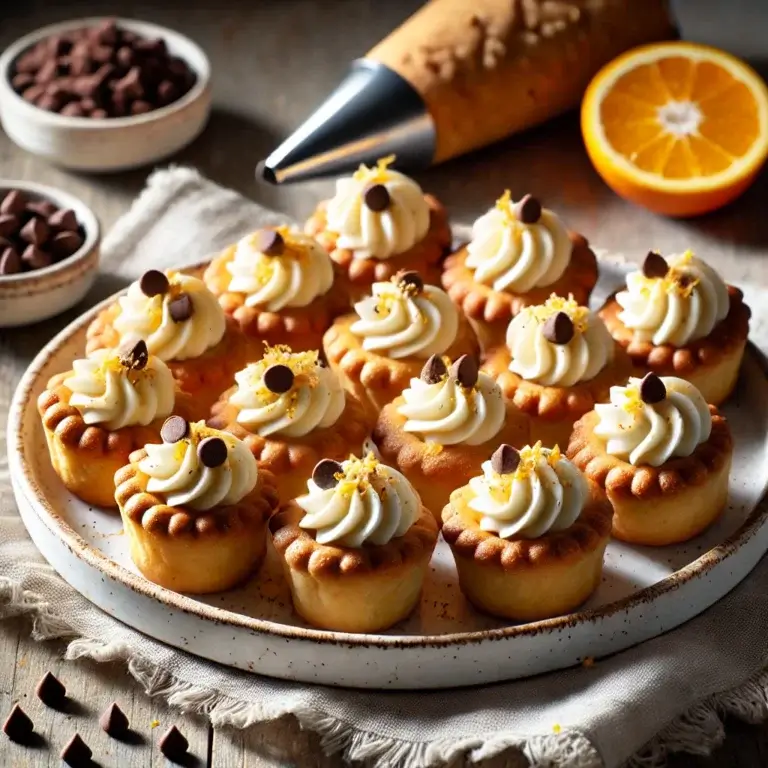 A batch of golden Cannoli Cookie Cups filled with creamy ricotta, chocolate chips, and garnished with orange zest, displayed on a white dessert plate with a rustic backdrop.