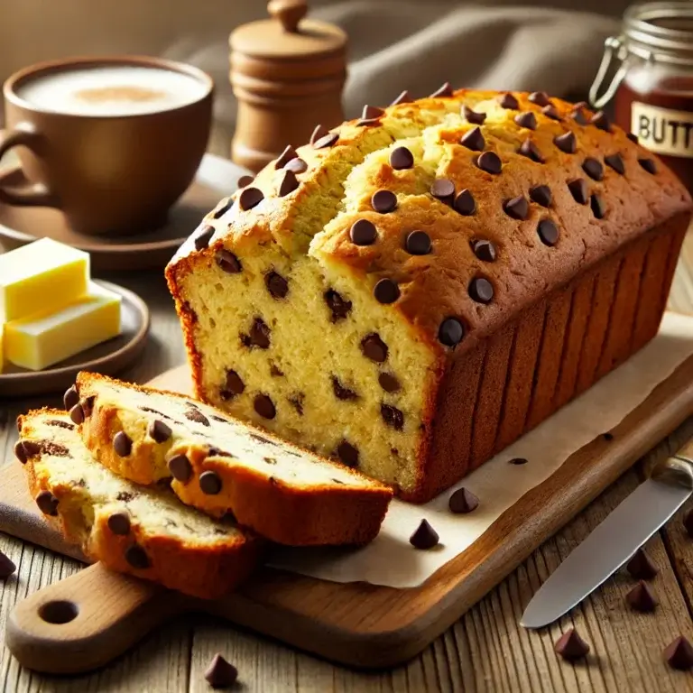 A golden loaf of Chocolate Chip Banana Bread on a wooden cutting board, sliced to reveal its moist interior with chocolate chips scattered throughout.