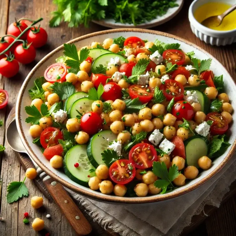 A beautifully plated Mediterranean Chickpea Salad in a white bowl, featuring vibrant chickpeas, cherry tomatoes, cucumber, crumbled feta, and fresh parsley, surrounded by fresh ingredients and dressing in a rustic setting.