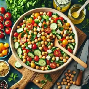 A vibrant kitchen scene with a mixing bowl of chickpeas, cherry tomatoes, cucumber, feta, and herbs being tossed with a wooden spoon, surrounded by fresh ingredients and a jar of lemon dressing.