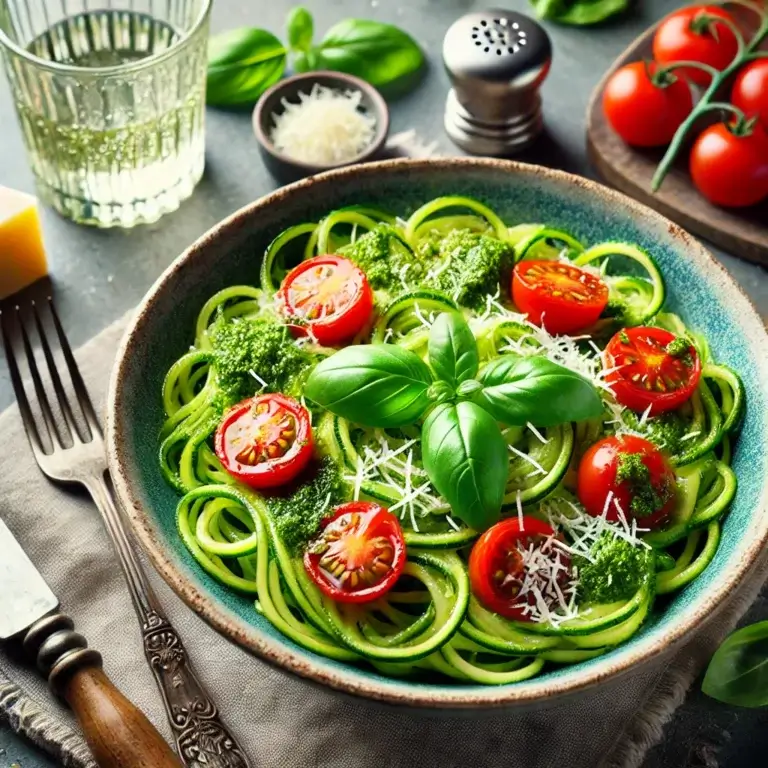 A vibrant bowl of zucchini noodles coated in bright green pesto, garnished with halved cherry tomatoes, grated Parmesan, and fresh basil leaves.