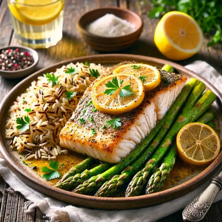 Flaky baked mahi-mahi fillet garnished with parsley and lemon slices, served with asparagus and wild rice on a white plate.