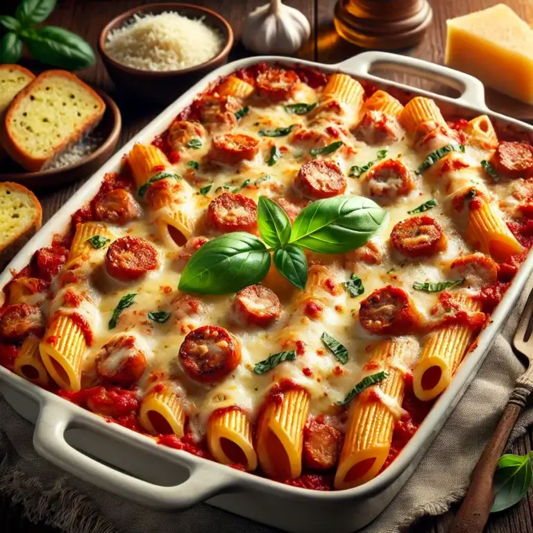 Baked ziti with sausage, topped with bubbling melted cheese and fresh basil, served in a white casserole dish
