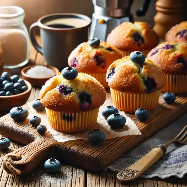 A batch of freshly baked blueberry muffins on a rustic wooden board, topped with a sprinkle of sugar and bursting with juicy blueberries. A perfect treat for National Trivia Day!