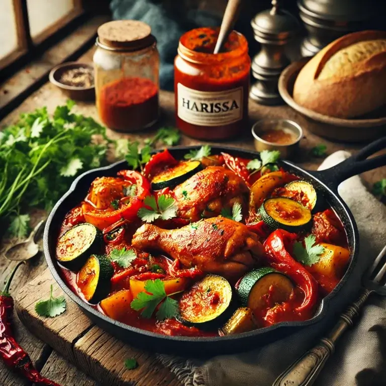 Braised chicken thighs in a harissa-infused tomato sauce with bell peppers and zucchini, garnished with fresh cilantro in a skillet.