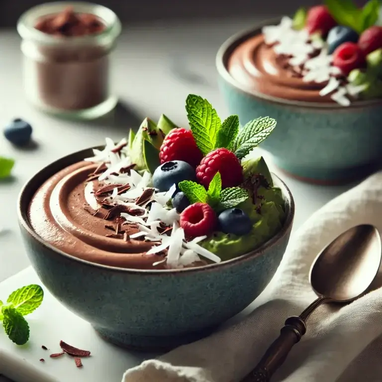 A beautifully styled dessert scene featuring a bowl of creamy chocolate avocado mousse topped with fresh berries, coconut flakes, and a sprig of mint, placed on an elegant marble countertop