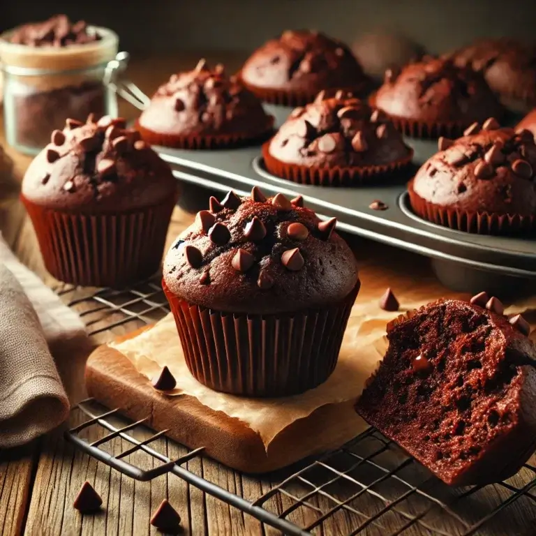 Freshly baked chocolate muffins on a wire rack, topped with chocolate chips, with a cozy kitchen background