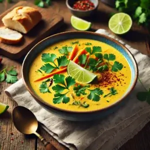 A cozy bowl of creamy coconut curry soup, topped with fresh cilantro, red chili slices, and a lime wedge, served in a rustic setting