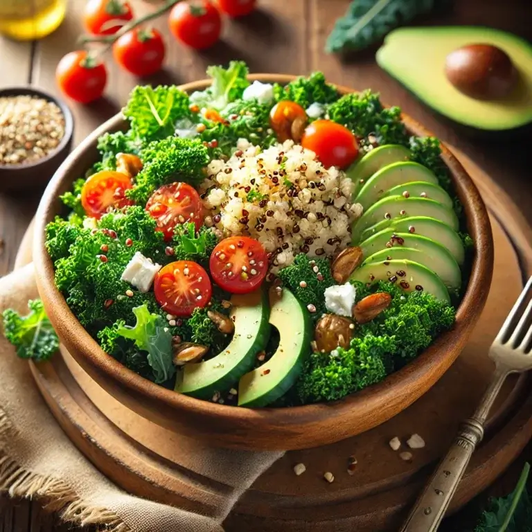 A beautifully plated Quinoa and Kale Superfood Salad, featuring fresh kale, cooked quinoa, cherry tomatoes, avocado slices, and a drizzle of dressing, served in a white bowl on a rustic wooden table.