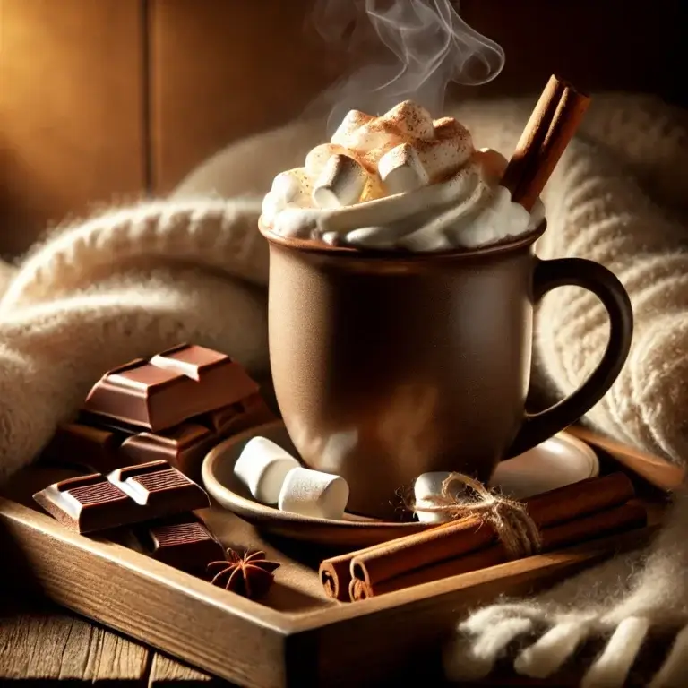 A cozy mug of rich hot chocolate topped with fluffy whipped cream and marshmallows, surrounded by a soft blanket, cinnamon sticks, and dark chocolate pieces, evoking a warm and comforting atmosphere